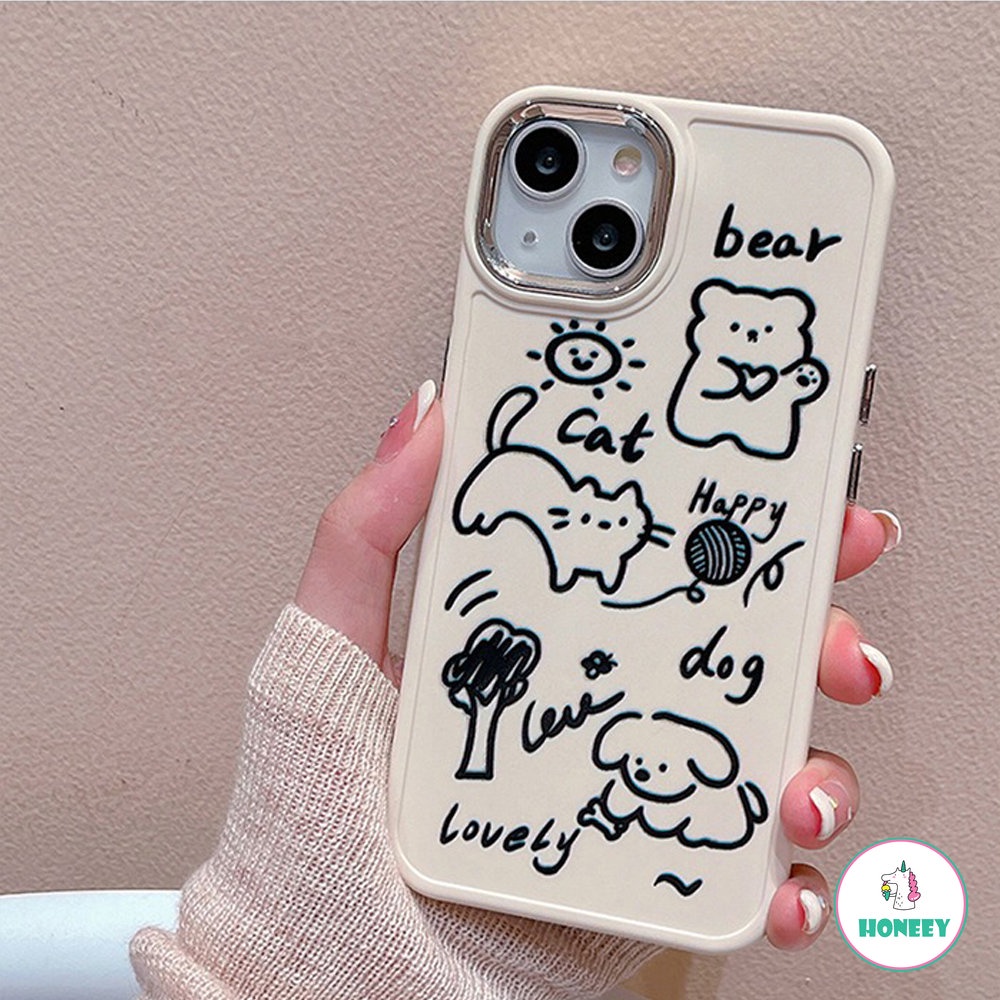 IPHONE Lucu Graffiti Line Animals Bear Happy Cat Phone Cover Case Untuk Iphone14 13 12 11 Pro Max Anjing Yang Indah Jatuh Bukti Soft Cover