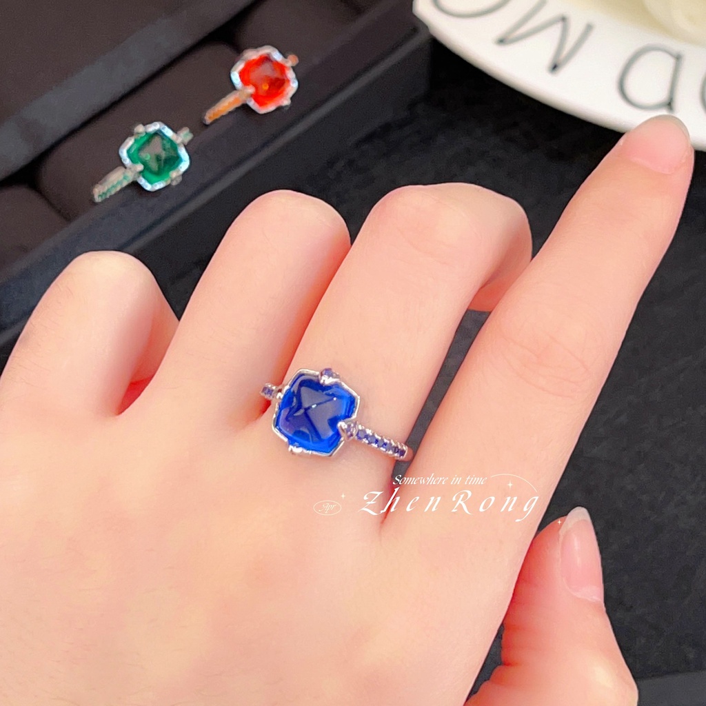 Goldkingdom Aksesoris Perhiasan Fashion Ready Stock Romantis Bertatahkan 5A Royal Blue Tandem Safir Cincin Dengan Bintang Terang Dan Langit Hijau Cincin Perempuan