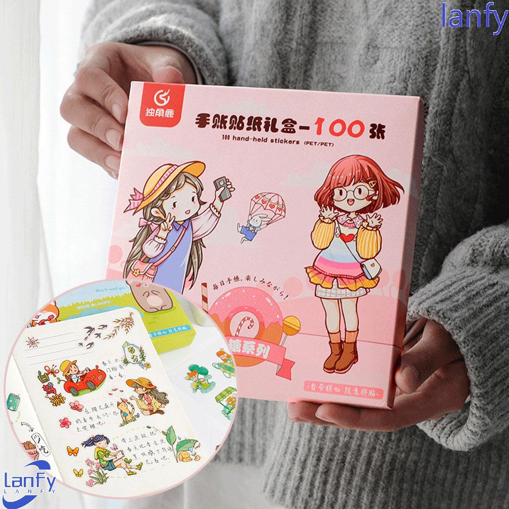 Lanfy Stiker PET Lucu Set Gift Box Perekat Packing Dekorasi Tahan Air Minuman Makanan Hewan Perempuan Pola Diary Foto Album Kertas Decals