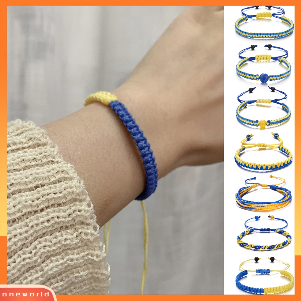 [EONE] Tenun Tangan Tali Kuat Dikepang Gelang Tahan Aus Gaya Etnik Biru Kuning Patchwork Adjustable Gelang Perhiasan Aksesoris