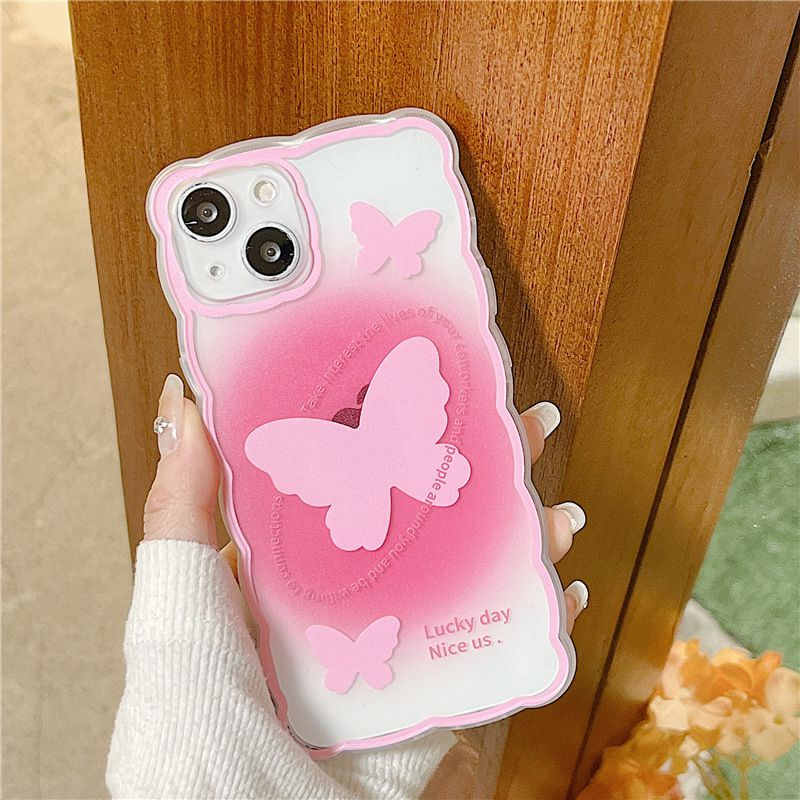 【INS Wave】Pink Butterfly Soft TPU Case HP iP iPhone 11 12 13 14 Pro Max 7 8 + Plus SE 2020 X XS XR Max Girl Woman Clear FTD Casing Apple