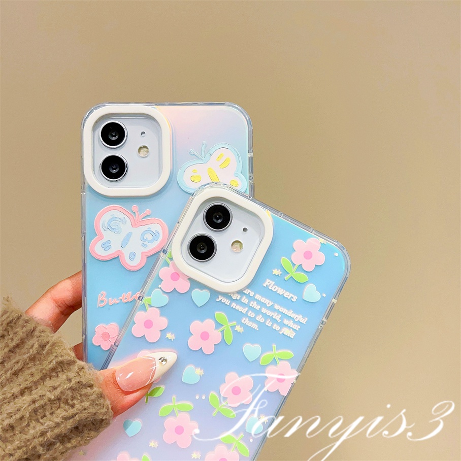 Compatible For IPhone 14 13 12 11 Pro Max X XR Xs Max 8 7 Plus SE 2020 Kompatibel Untuk Little Flower Butterfly IMD Laser Gradient Phone Case TPU Lembut Shockproof Cover Pelindung