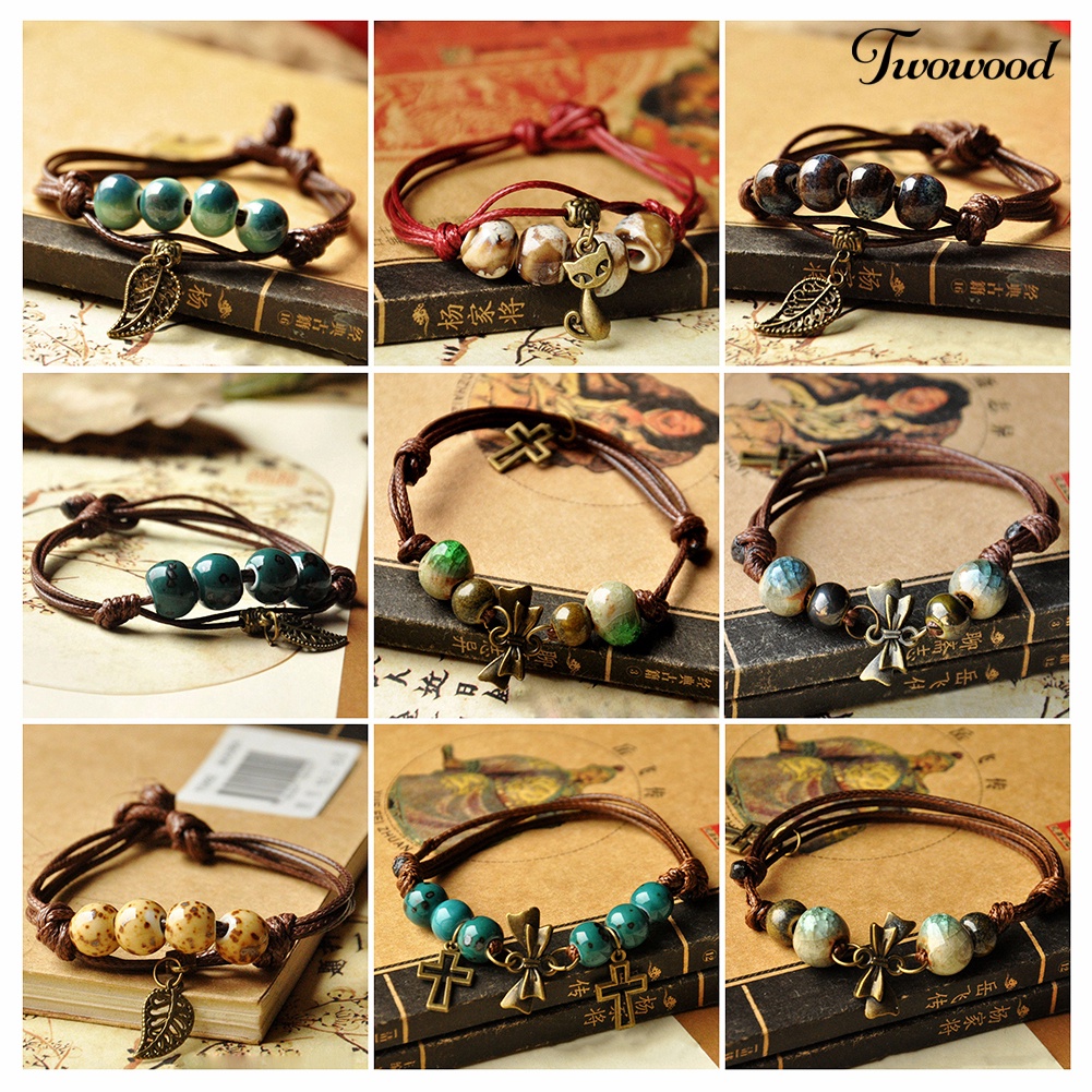 Twowood Unisex Hadiah Perhiasan Manik-Manik Keramik Liontin Multi-Layer Kepang Tali Gelang Bangle