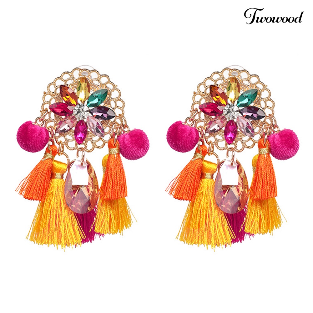 Twowood Boho Wanita Berlian Imitasi Rumbai Pompom Menjuntai Stud Earrings Perhiasan Pernyataan Panjang