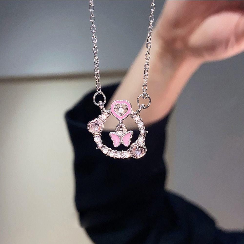 Mxbeauty Y2K Wanita Kalung Aesthetic Pesona Halus Klavikula Rantai Kupu-Kupu Berlian Imitasi Alloy Pink Hati Gadis Choker