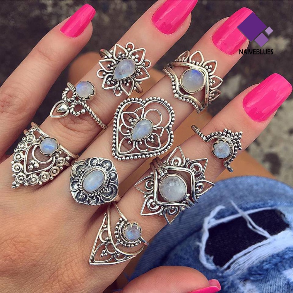 &lt; Naiveblues &gt; 9Pcs/Set Retro Wanita Bunga Berongga Faux Gemstone Knuckle Midi Rings Set