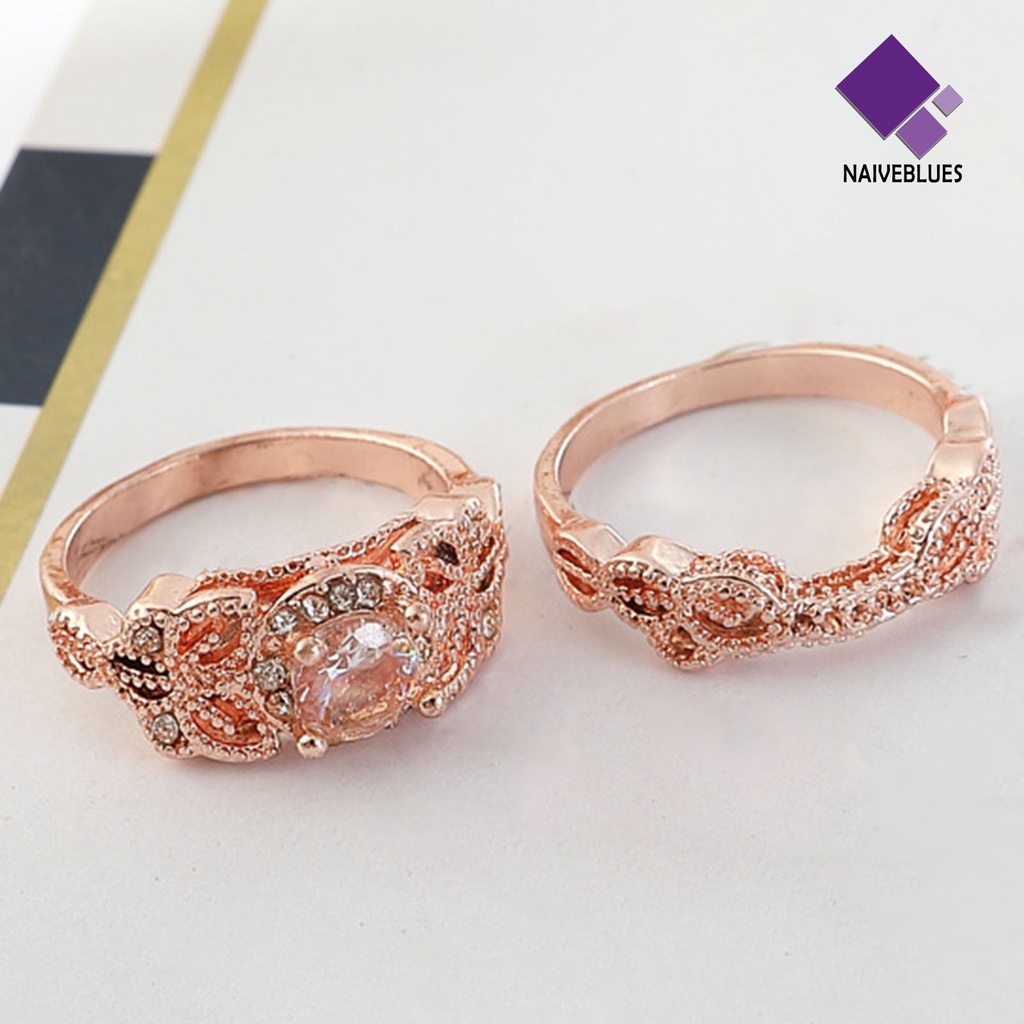 &lt; Naiveblues &gt; 2Pcs Cincin Tunangan Indah Indah Berlian Imitasi Elegan Pasangan Cincin Anniversary
