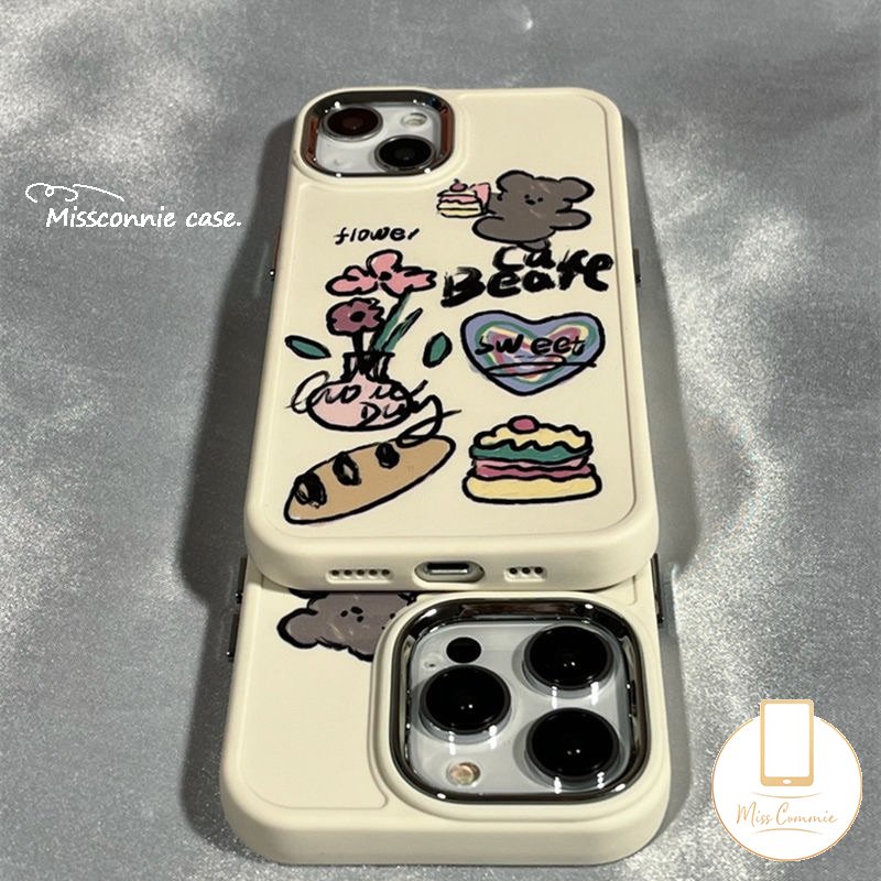 Graffiti Love Heart Soft Phone Case Kompatibel Untuk IPhone 7Plus XR 87 Plus X11 13 14 12 Pro Max 8Plus XS Max Beruang Lucu Hamburger Bunga Logam Bingkai Lensa Cover