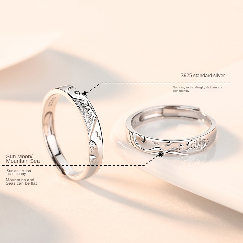 Shanmeng Sea Oath Couple Ring Sterling Silver Pria Wanita Sepasang Niche Desain Lingkaran Polos Matahari Bulan Pasangan Cincin Hadiah