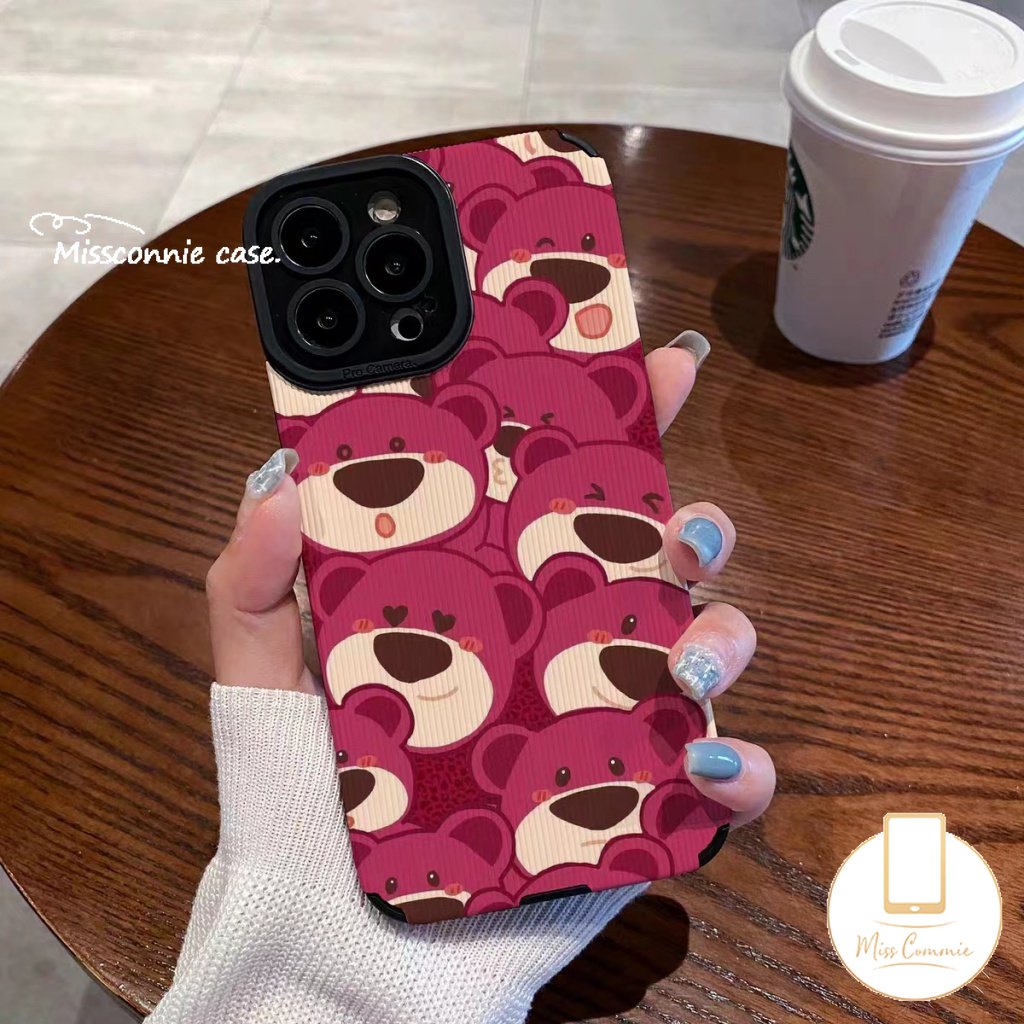 IPHONE Casing Ponsel Manyo Kartun Tekstur Kulit Mewah Kompatibel Untuk Iphone11 14 13 12 Pro MAX X XR XS Max7 8 Plus Cute Strawberry Bear Shockproof Silicone Soft Cover