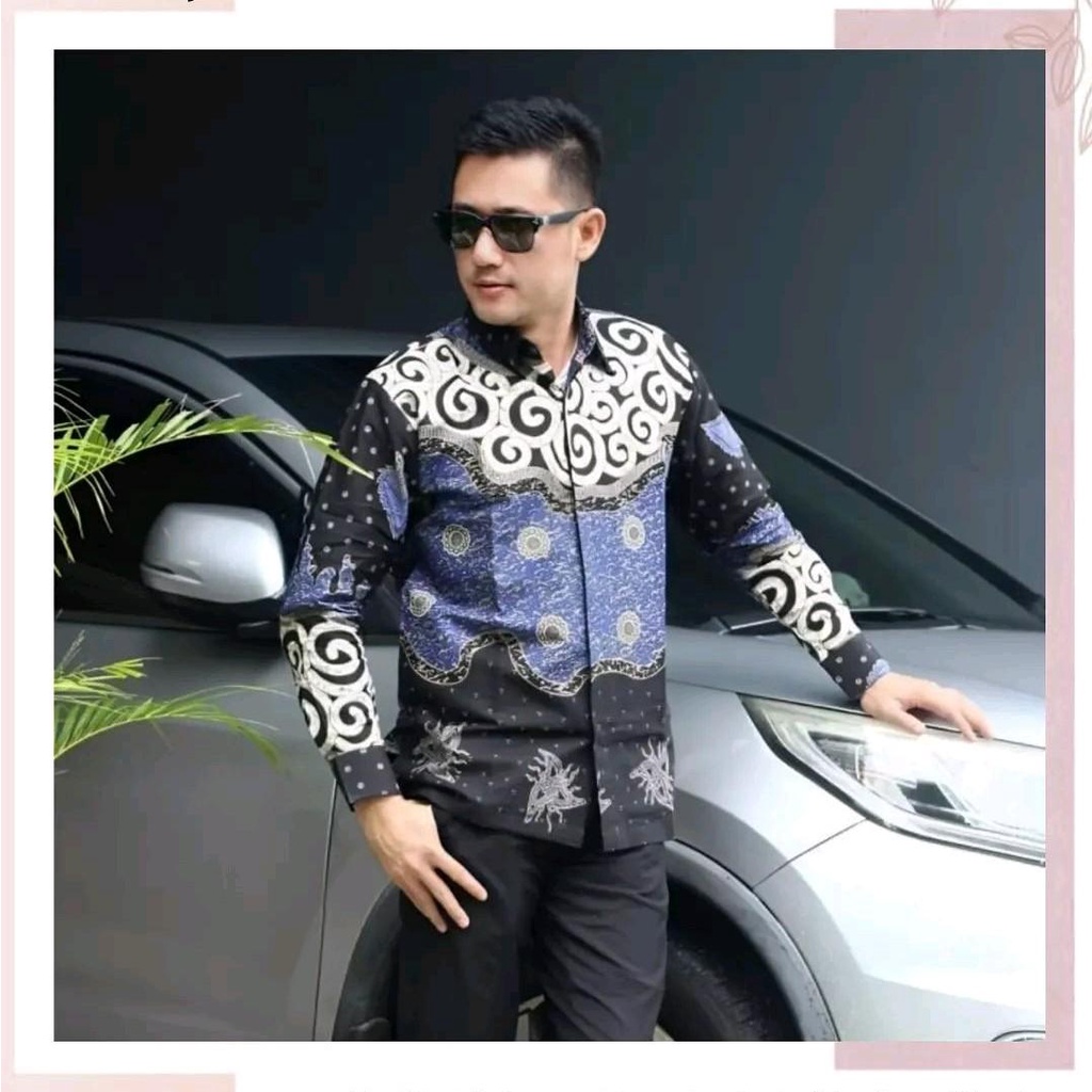 Kemeja Batik Pria Lengan Panjang Reguler Fit Warna Hijau Mint Kombinasi Warna Biru Hitam Katun