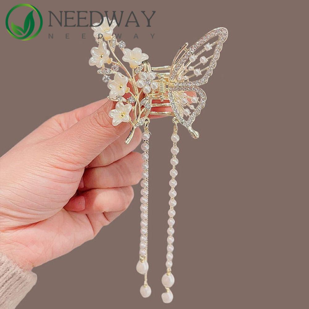 Needway  Kupu-Kupu Rambut Cakar Lucu Pesta Hiasan Kepala Bergaya Mutiara Rambut Kepiting Klip Rambut Klip Rumbai Ponytail Holder Besar Hairgrips