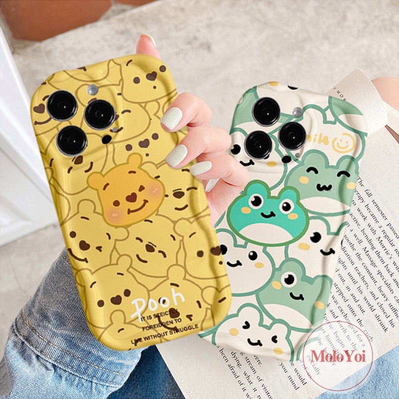 IPHONE Casing Glossy Tepi Melengkung Bergelombang 3D Kompatibel Untuk Iphone6 7 6S 8plus 11 Pro Max12 14 13 Pro MAX XR X XS MAX Cute Winnie the Pooch Kartun Kodok Airbag Pasangan Tahan Guncangan Soft Cover