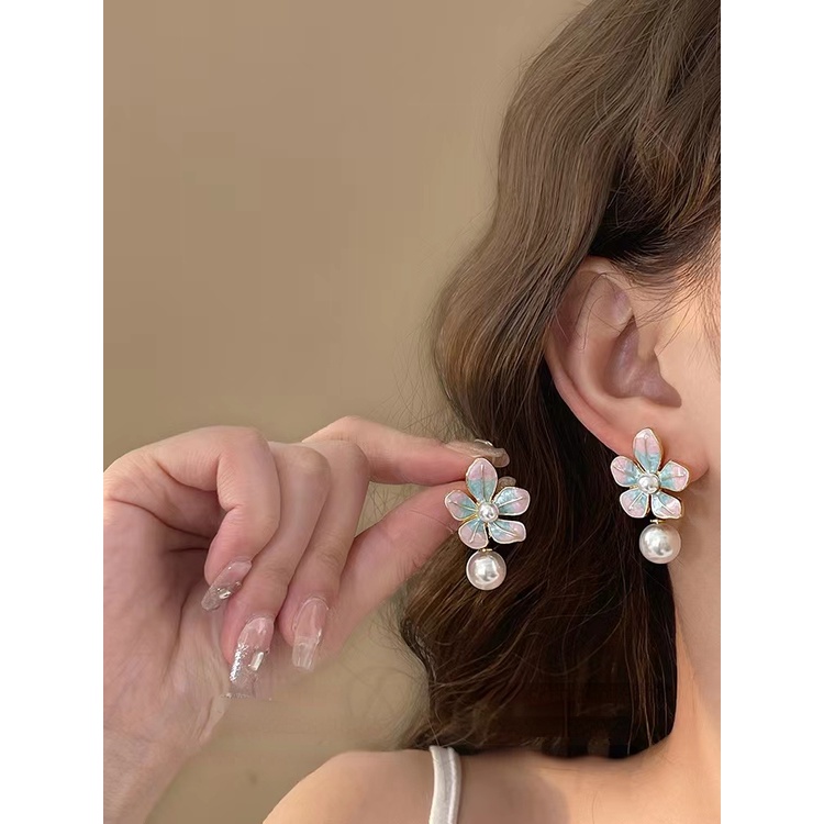 Korea Retro Pink Biru Anting Mutiara Ear Studs Perhiasan Fashion Untuk Wanita Perempuan