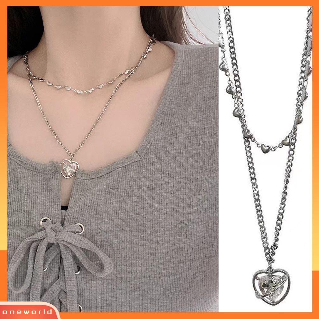 [ONE] Cinta Hati Liontin Kalung Dual Layers Rantai Elegan Keren Adjustable Titanium Steel Remaja Perempuan Klavikula Necklace