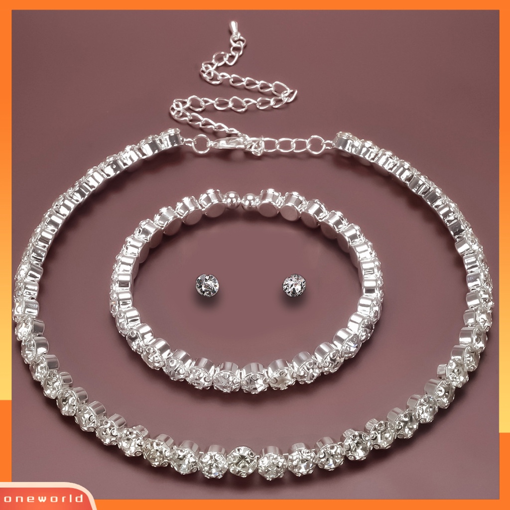 [ONE] 4pcs/set Perhiasan Jas Eye-catching Electroplating High Gloss Mewah Pengerjaan Indah Dekorasi Perempuan Berlian Imitasi Bersinar Anting Gelang Kalung Set Aksesori