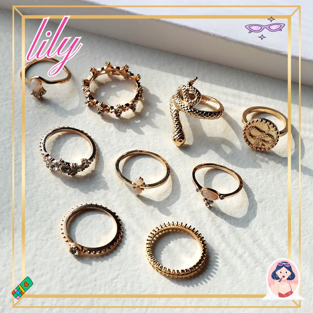 Lily 9pcs/Set Cincin Boho Set Kepribadian Perhiasan Aksesoris Geometris Knuckle Midi