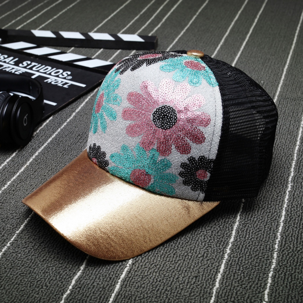 Topi Baseball Pria Wanita Motif Bunga Manik Sequin Trucker Hat Gaya Casual Kualitas Import BSBO