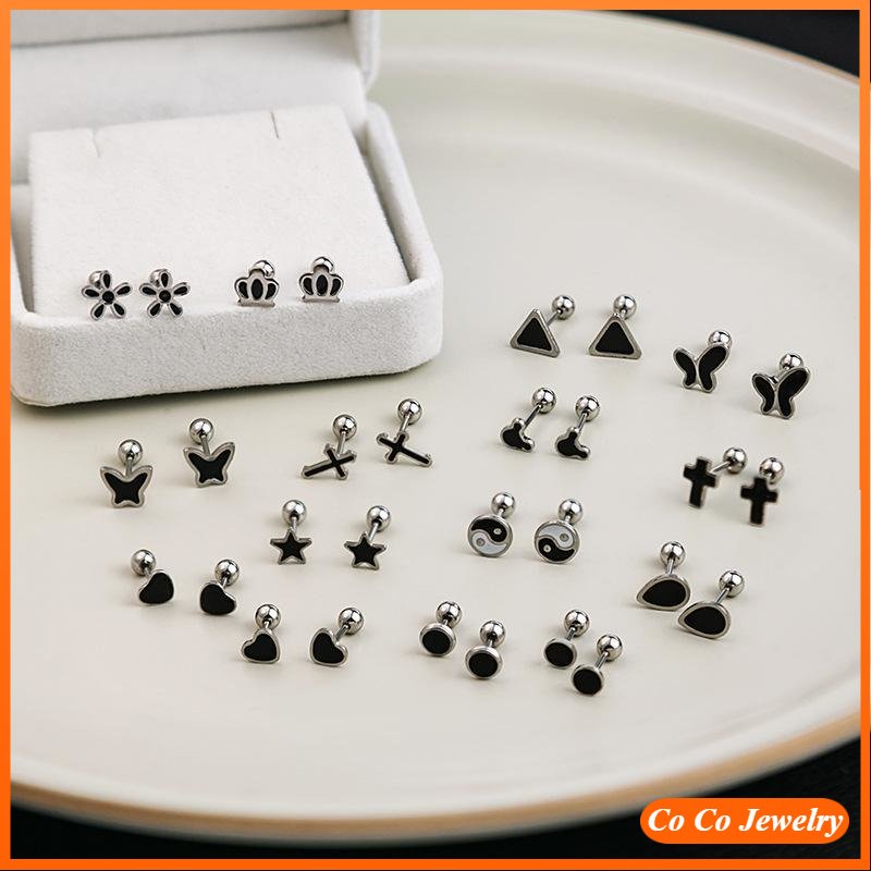 Anti Karat Geometris Seri Hitam Anting Salib Serbaguna Sederhana Anting Cinta Drop Glaze Kepribadian Earrings