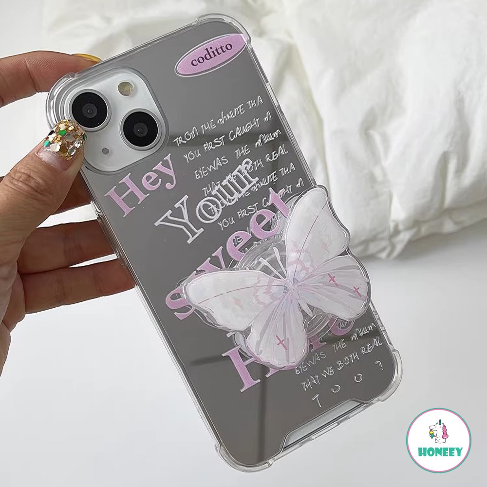 Ins Pink English Mirror Phone Case Untuk iPhone 14 Pro Max11 12 13 Pro Max XS XR 8 7plus Butterfly Stand Anti-Shock Back Cover