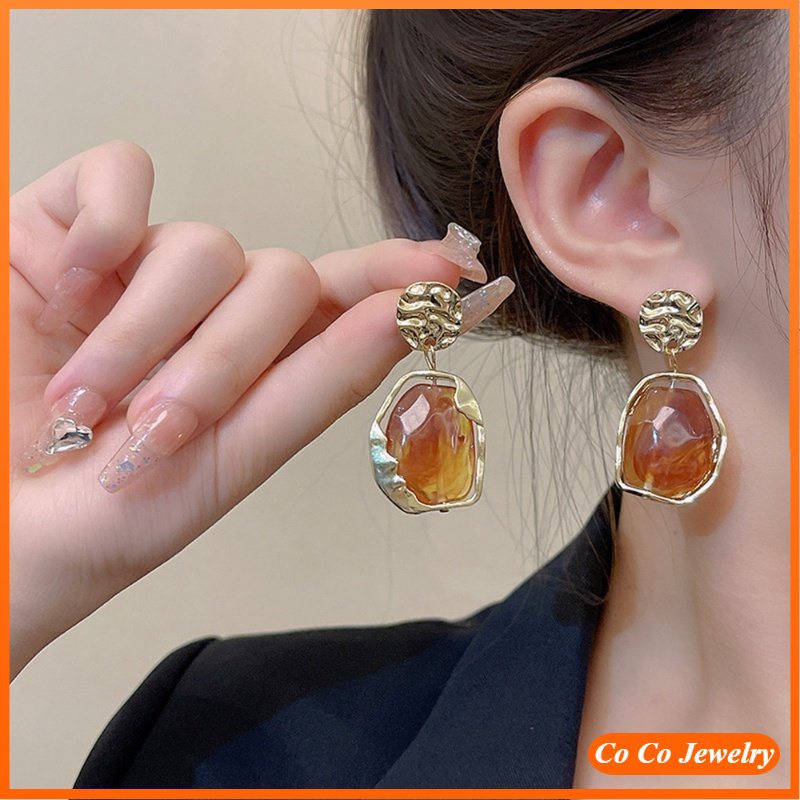 Korea Retro Istana Gaya Resin Geometris Anting-Anting Wanita Baru Berlebihan High-end Ringan Mewah S925 Perak Anting Jarum Tren