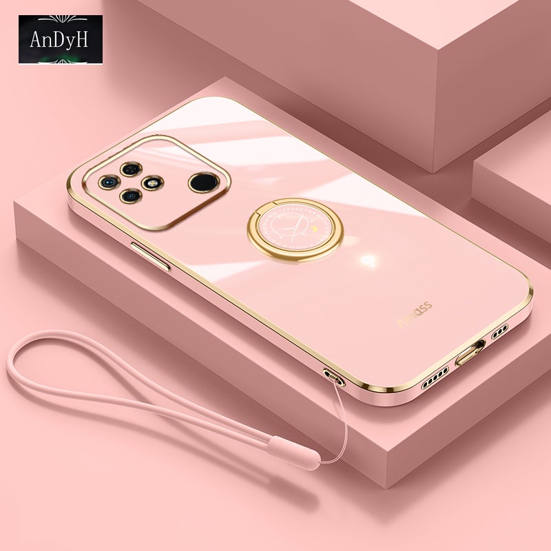 Andyh Casing Ponsel Silikon Ultra Tipis Untuk Xiaomi Redmi 9C 10A 10C Redmi10 Power Deluxe Fall Protection Gold Band Dengan Jam Cincin Dan Lanyard Gratis