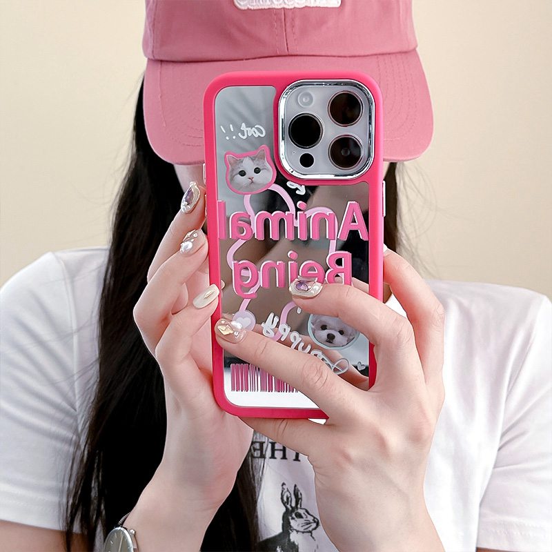 IPHONE Semua Baru Cermin Make up Sangat Lucu Pink Anjing Kucing Peliharaan Silikon Soft Case Iphone11 12 13 14 Pro Max Hadiah Fashion Wanita Kamera Elektroplated Merah Muda Merah Gadis Telepon Kasus Hewan Being