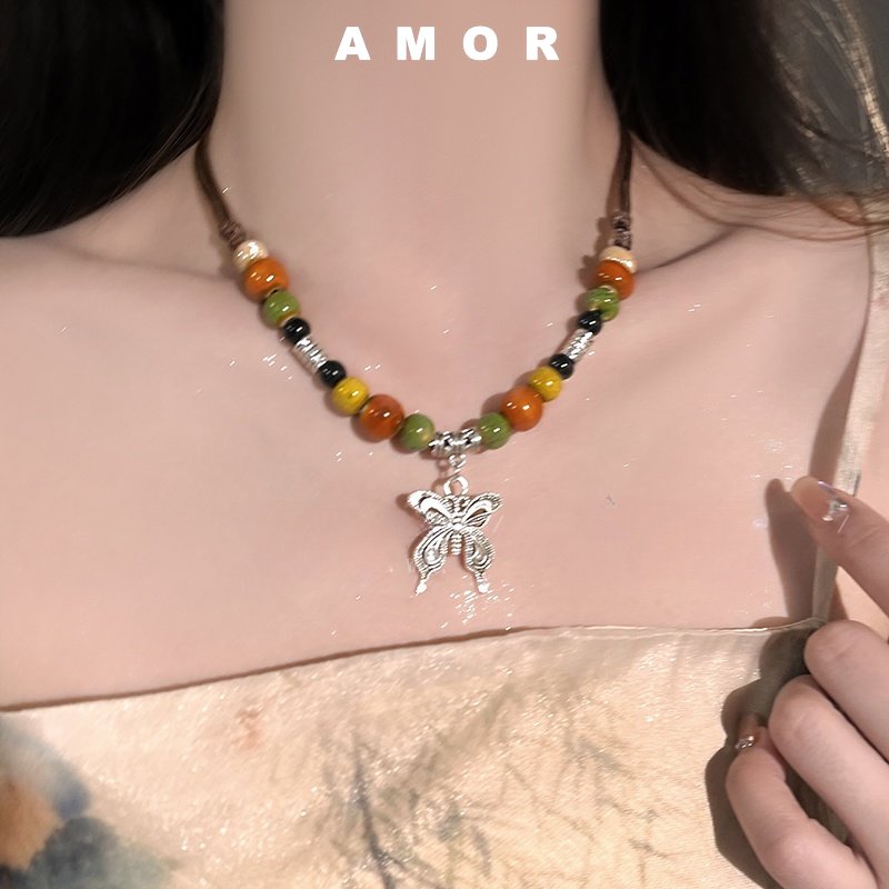Kalung Liontin Kupu-Kupu Keramik Gaya Etnik China Baru Hip Hop Kerah Rantai Art Retro Aksesoris