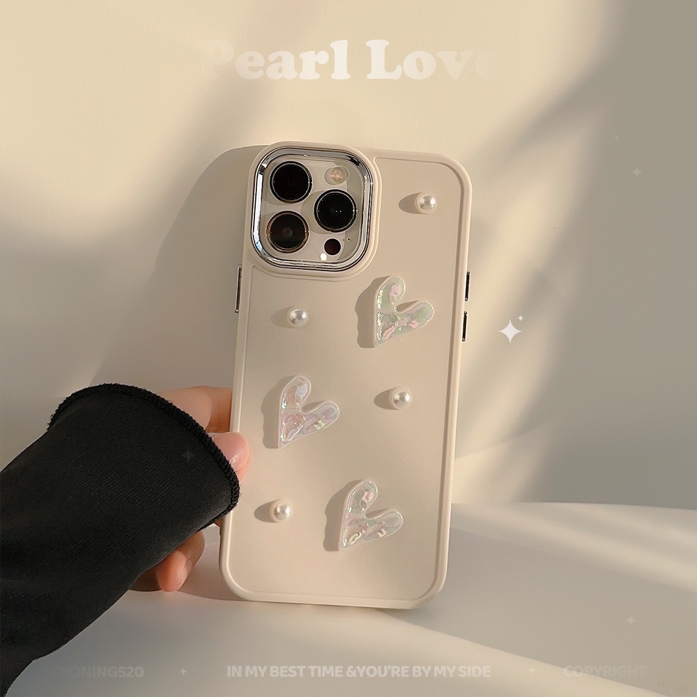 IPHONE 3d Cinta Hati Mutiara Krem Warna Solid Electroplated Bingkai Kamera Phone Case Cover Untuk Iphone7 8 PLUS X XR XS 11 12 13 14 PRO MAX Se2020