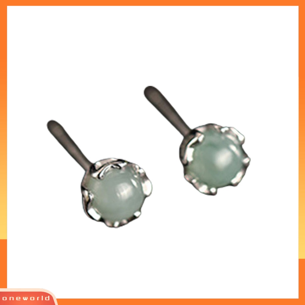 [WOD] 1pasang Ear Studs Shiny Imitasi Jade Inlay Ear Decoration Fashion Jewelry Piercing Studs Earring Wanita Perhiasan Hadiah Hadiah Hadiah Natal