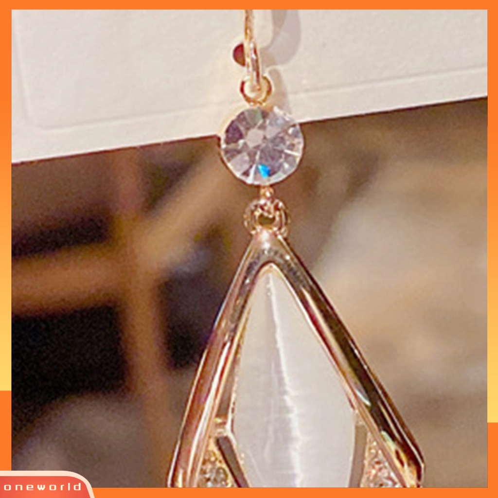 [WOD] 1pasang Berlian Imitasi Shiny Drop Earrings Alloy Faux Opal Belah Ketupat Pendant Hook Earrings Perhiasan Pesta