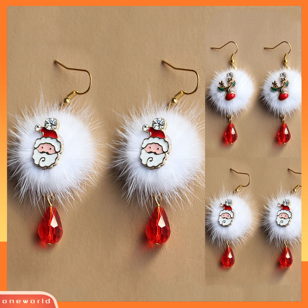 [WOD] 1pasang Putih Mewah Bola Merah Berlian Imitasi Xmas Anting Alloy Santa Claus Elk Pendant Hook Earrings Fashion Perhiasan