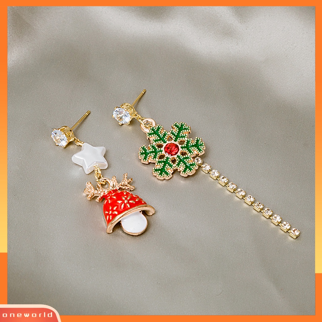 [WOD] 1pasang Anting Natal Snowflake Bell Rumbai Dicat Asimetri Berlian Imitasi Berkilau Anting Stud Panjang Untuk Pakaian Sehari-Hari