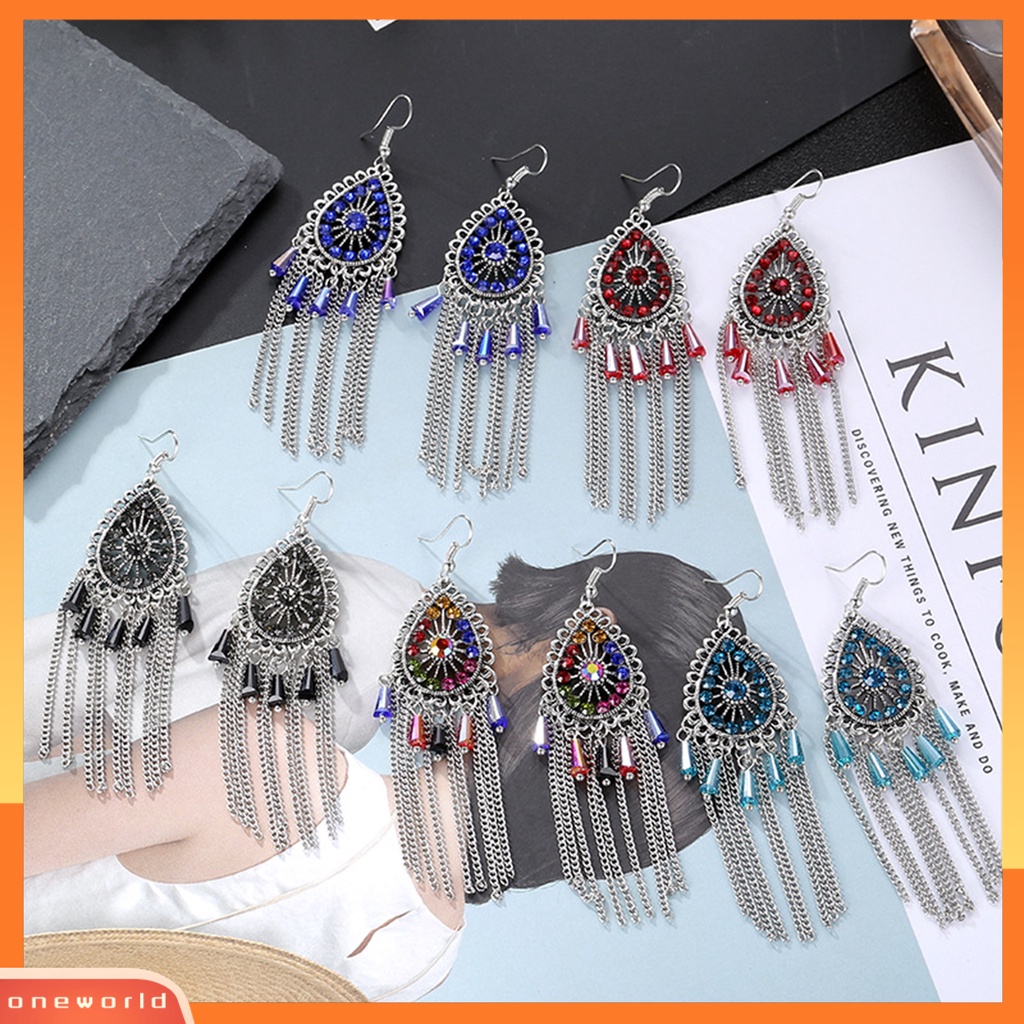 [WOD] 1pasang Anting Wanita Bentuk Tetesan Air Rumbai Berlian Imitasi Vintage Drop Earrings Untuk Pakaian Sehari-Hari