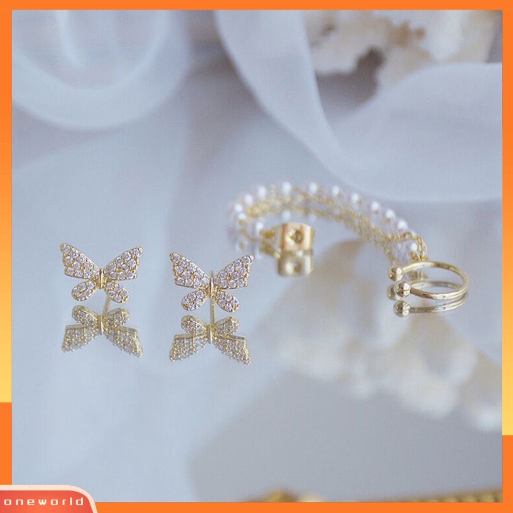 [WOD] 2pcs/set Lady Klip Telinga Bentuk Kupu-Kupu Berlian Imitasi Hias Supper Shiny Individual Stud Earrings Untuk Prom