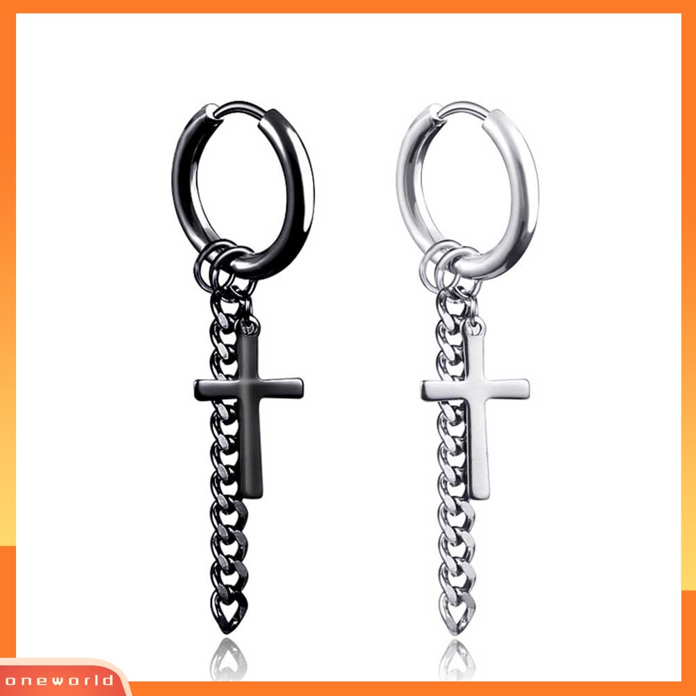 [WOD] 1pc Fashion Pria Rumbai Rantai Cross Pesona Telinga Klip Hoop Huggie Anting Perhiasan