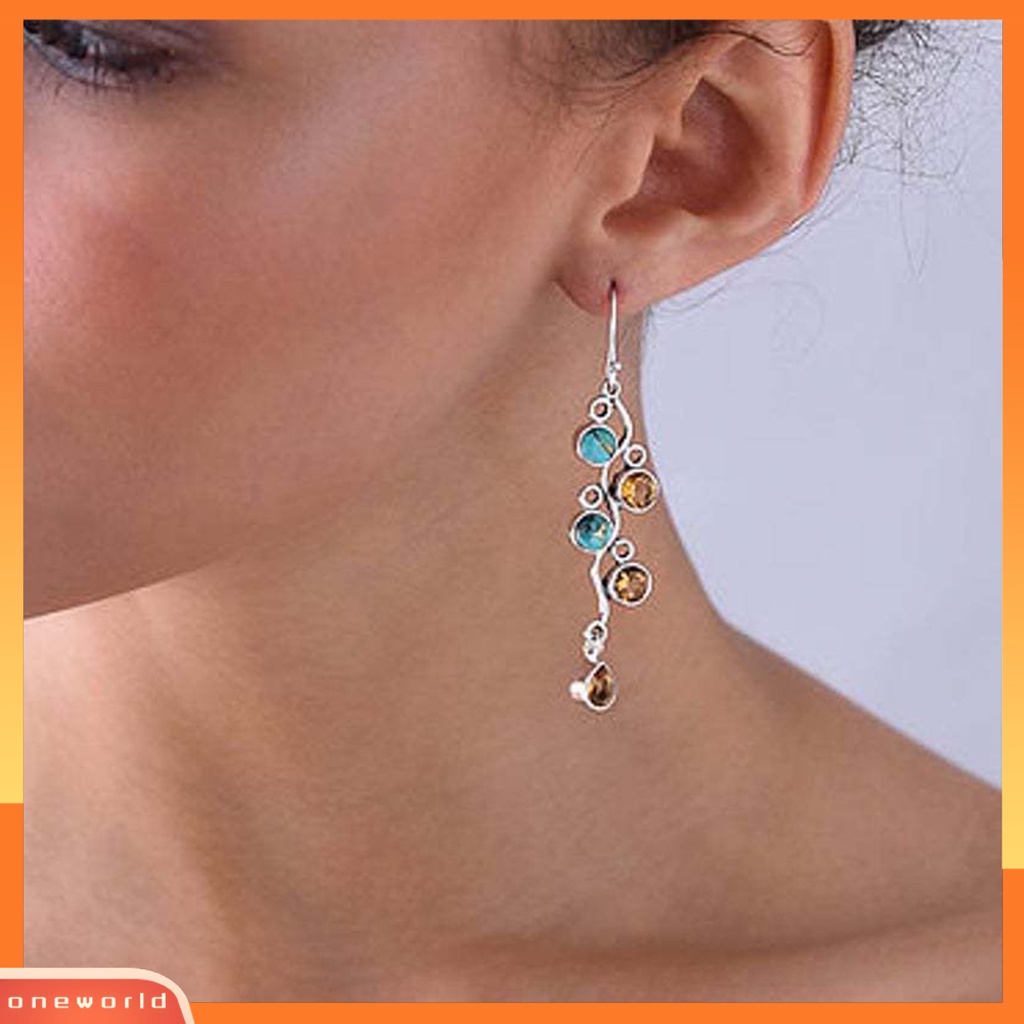 [WOD] 1pasang Anting Drop Vintage Hias Geometris Turquoise Decor Hook Earrings Untuk Pesta