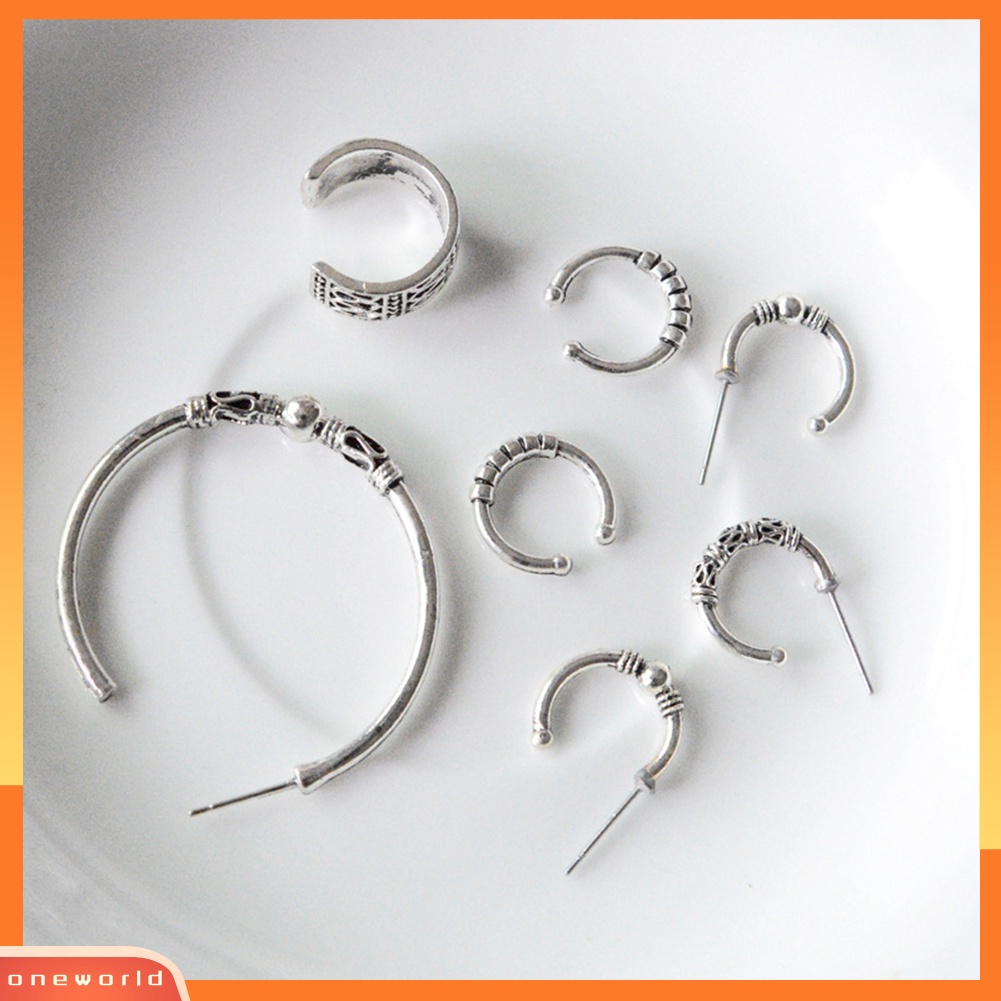 [WOD] 7pcs Boho Wanita Retro Manik-Manik Ukir Bentuk C Alloy Hoop Earrings Set Perhiasan