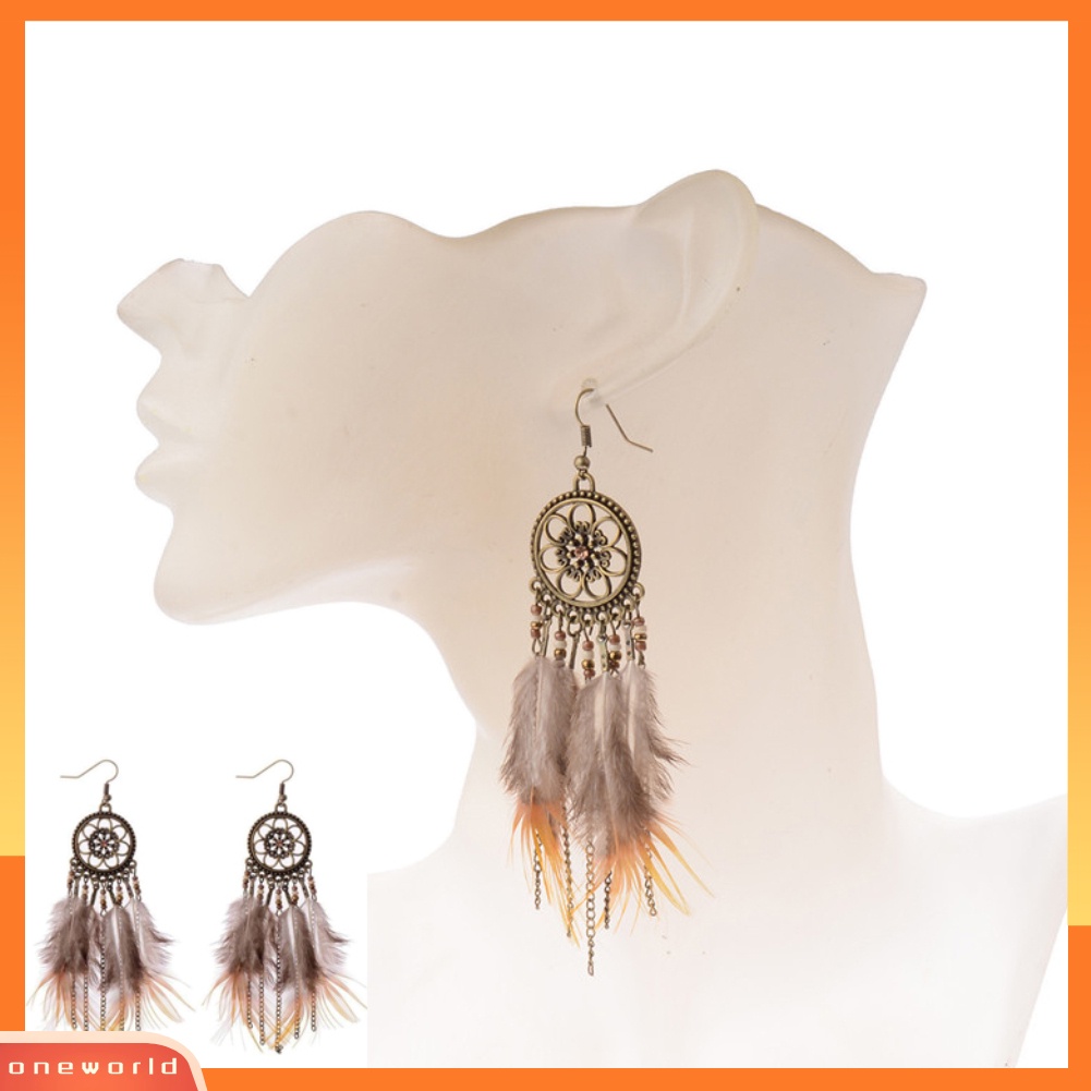[WOD] Fashion Wanita Dream Catcher Bulu Panjang Menjuntai Kait Anting Rumbai Hadiah