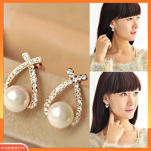 [WOD] Wanita Mutiara Imitasi Ear Studs Earrings Cross Berlian Imitasi Hadiah Perhiasan Pernikahan