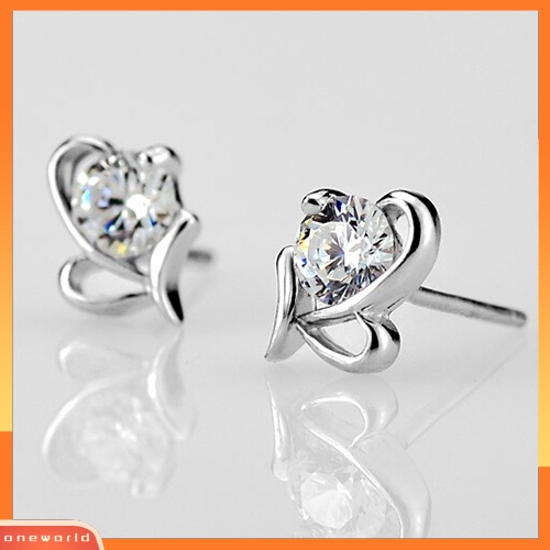 [WOD] Fashion Wanita925 Sterling Perak Hati Bulat Zirkon Telinga Stud Earrings Perhiasan