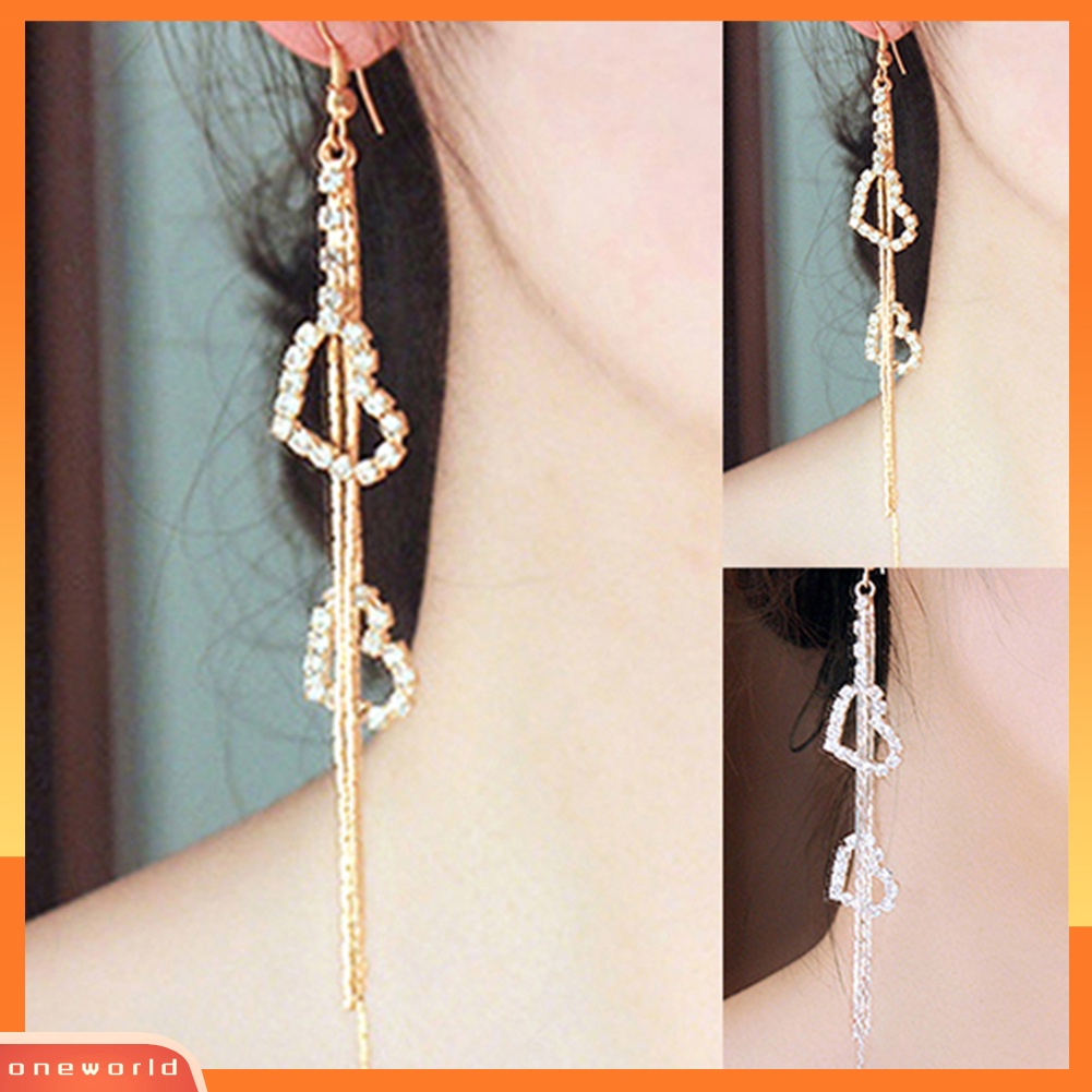 [WOD] Wanita Hati Ganda Rumbai Panjang Berlian Imitasi Linear Hook Menjuntai Duster Earrings