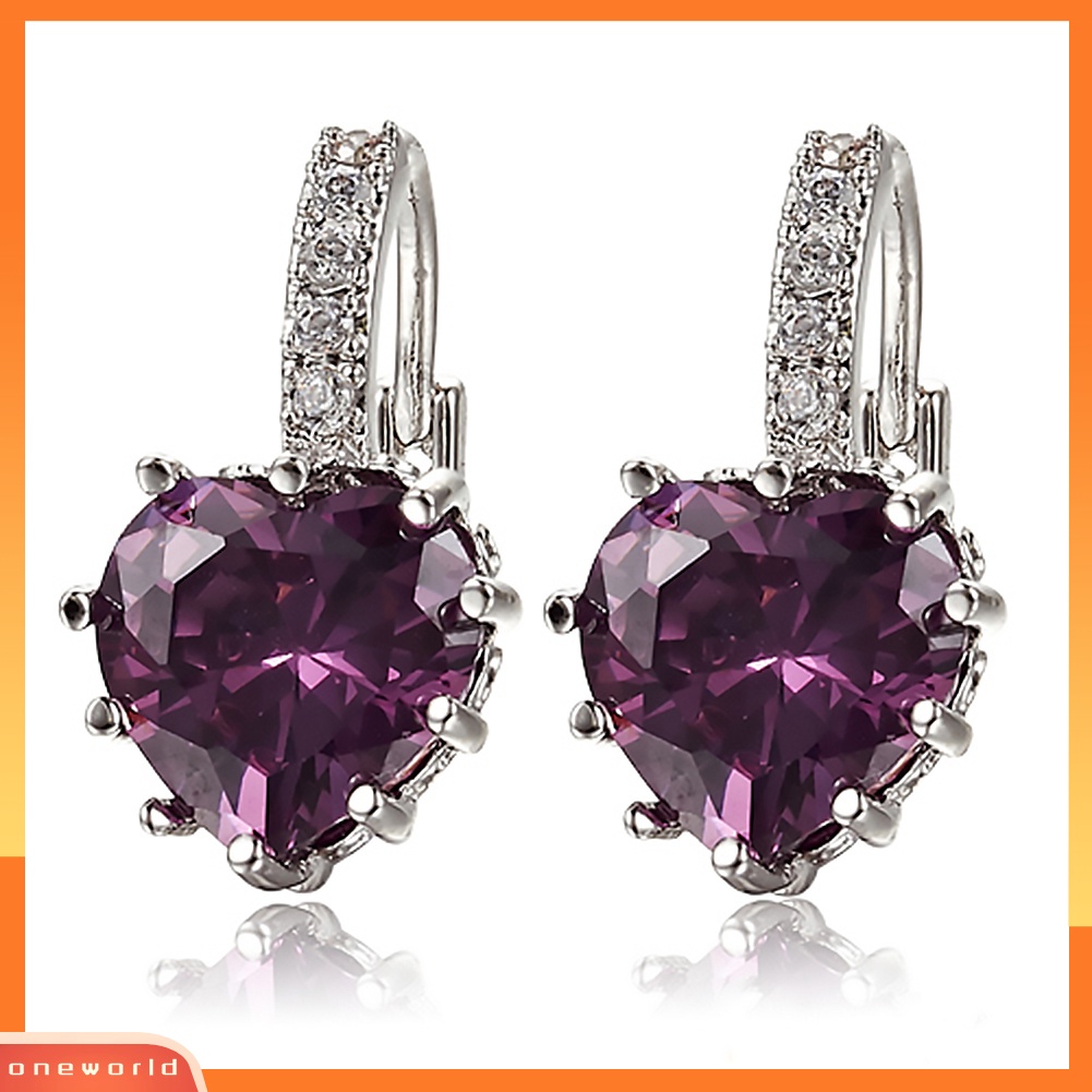 [WOD] Wanita Elegan Ungu Bentuk Hati Berlian Imitasi Berlapis Emas Leverback Hoop Earrings