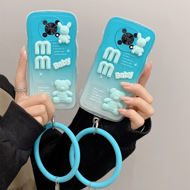 Andyh Desain Baru Untuk Huawei Nova Y90 Case 3D Cute Bear+ Solid Color Bracelet Fashion Premium Gradient Soft Phone Case Silikon Shockproof Casing Pelindung Penutup Belakang