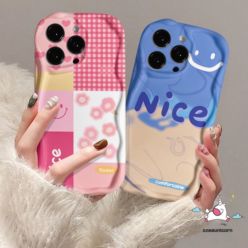 Casing Warna Motif Smiley Splicing Lucu Kompatibel Untuk iPhone 7Plus XR 14 13 11 12 Pro Max 7 8 6 6s Plus XS Max X 8Plus SE 2020motif Glossy Lattice Flower Lembut 3D Bergelombang Melengkung Penutup Tepi