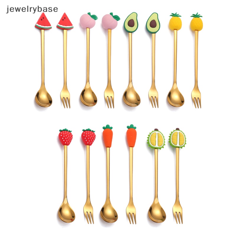 [jewelrybase] Stainless Steel Sendok Garpu Kartun Buah Macaron Dessert Sendok Garpu Buah Anak Set Aksesoris Dapur Butik