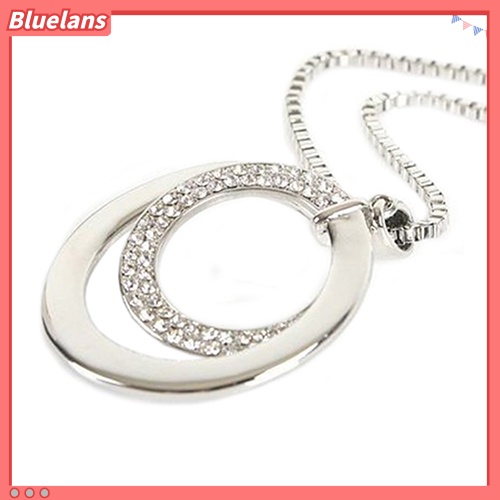 [BLS] Fashion Wanita Kotak Rantai Berlian Imitasi Bulat Lingkaran Liontin Sweater Kalung Perhiasan