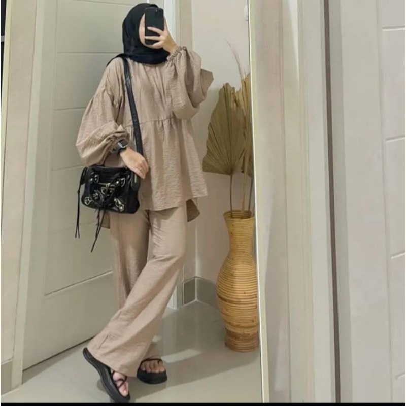 Beca One Set Setelan Cutbray Lengan Balon Pololinen setcel wanita remaja kemeja dan celana terbaru kekinian korean style
