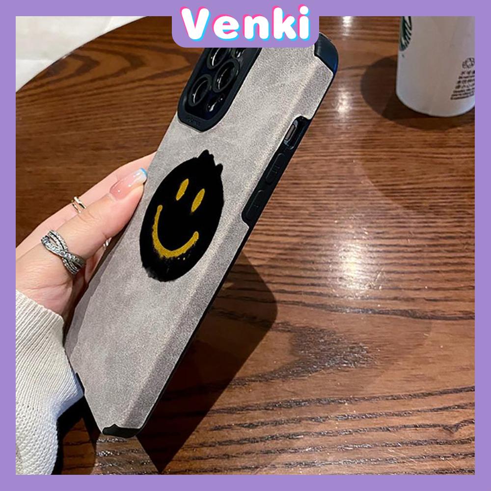 VENKI - Untuk iPhone 11 Case Leather Pupil Suede Cover Soft Shockproof Cover Camera Simple Yellow Smile Kompatibel dengan iPhone 14 13 Pro max 12 Pro max xr xs 7Plus 8Plus