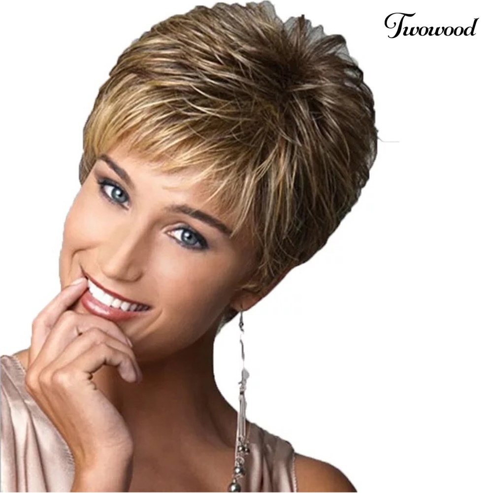 Twowood Wanita Fashion Rose Net Puff Alami Lurus Keriting Sintetis Pendek Wig Sopak